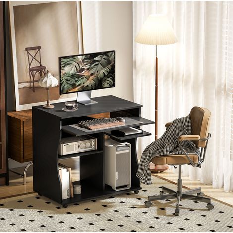 Scrivania per computer nera con ruote e ripiano tastiera 80 x 48 x 75 cm (1/5)