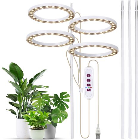 4-flammige Pflanzenlampe, 6,2 W, 301,7 lm, 80 LEDs, 4000 K, USB-Anschluss, 8/12/16-Stunden-Timer, 5 Helligkeitsstufen, für Sukkulenten und Mini-Bonsai
