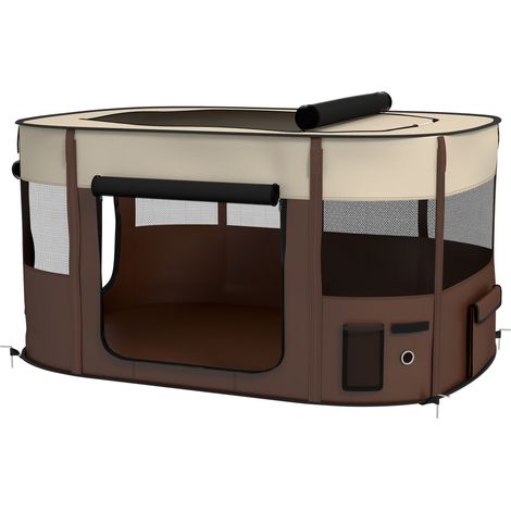 Parc pliable pour chiots en tissu Oxford avec fenêtres et portes, sac de rangement, marron