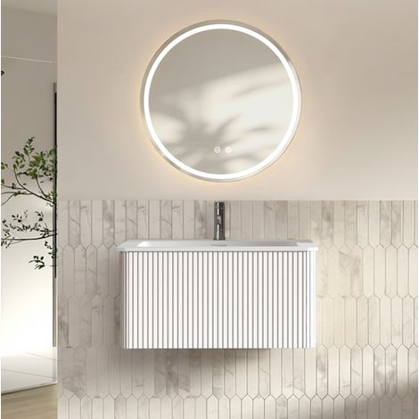 Mobile bagno sospeso bianco con lavabo e specchio LED rotondo 80 cm, OKMYHOME (1/5)