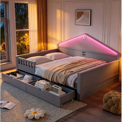 Letto singolo 140x200 cm grigio in legno di pino e MDF con LED e 2 cassetti (1/5)