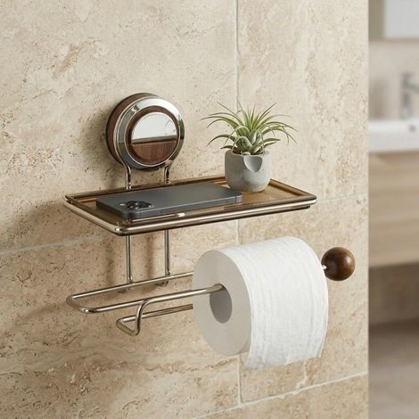 Porte-papier toilette, inox/bois/avec étagère, pour toilettes (1/5)