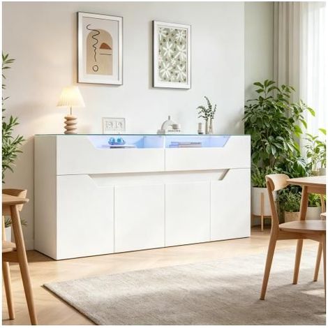 Buffet 140x40x70cm - Plateau en verre trempé - Buffet salon - 2 tiroirs, LED App, grand espace de rangement, MDF blanc moderne (1/5)