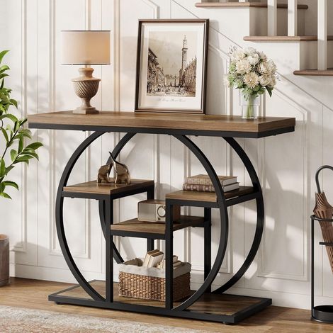 Tribesigns Console Table 105cm, Industrial Sofa Table Entryway Table with Circle Base, Narrow Accent Tables with Storage Shelves for Living Room, Hallway, Foyer, Brown