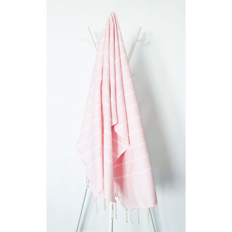Fouta 100x200 Rose Clair Rayures Blanches - 100% coton - franges