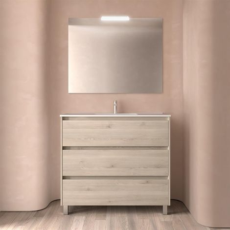 Meubles de salle de bains NOJA 1000 3 tiroirs NATUREL + Plan vasque + Miroir (1/2)