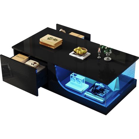 Table basse 100 x 50 x 30 cm avec 2 tiroirs, haute brillance, table de salon en MDF avec LED, plateau en verre trempé, design noir