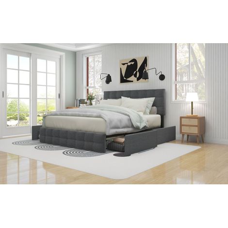 Lit double rembourré 140x200 cm gris en lin, tête de lit réglable capitonnée, 4 tiroirs, sommier à lattes en acier inclus, sans matelas (1/5)