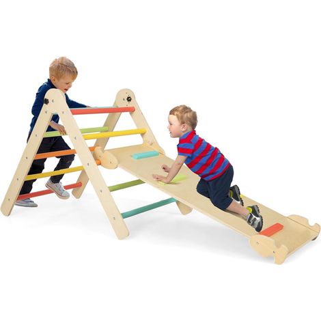 Toboggan en Bois 4 en 1- GOPLUS - Triangle Escalade Montesorri Pliables avec Rampe d'escalade, pour 3-9 Ans, Charge 60KG,Multicolore (1/5)