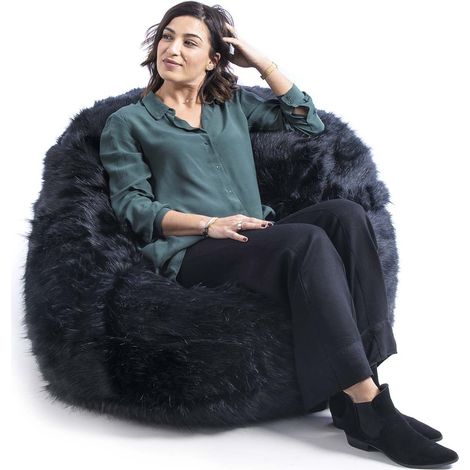 Pouf Fauteuil Rond XL Intérieur En Fourrure poil long Noir, Déhoussable, Pour Salon, chambre - TiTAN (1/5)