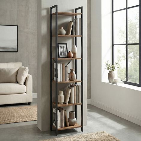 Étagère 6 Niveaux, Bibliothèque, Meuble de Rangement, pour Bureau, Salon, Chambre, 30 x 40 x 187,5 cm, Style Industriel, Marron et Noir (1/5)