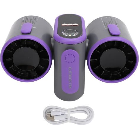 Ventilateur de taille portable à 3 vitesses, double tête, avec lumière, turbo, USB, batterie 8000 mAh, idéal pour les chantiers, le camping et les voyages. Gris foncé. (1/5)