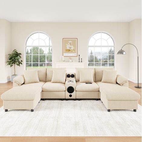 Sofá modular en U y L (315.5x144x84.5 cm), con altavoz Bluetooth, consola multifunción, tejido de pana beige (1/5)
