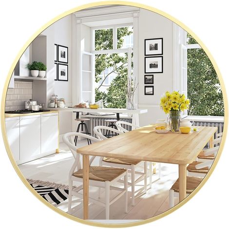 Miroir Rond Mural 60x60cm, Cadre en Métal Doré, Miroir Décoratif pour Salle de Bain, Chambre, Salon, Couloir (1/5)