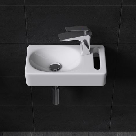 Durovin Bathrooms Compact Ceramic Sink - Wall Hung Mount - Rectangular Cloakroom Hand Washing Basin - One Right Hand Tap Hole With Towel Rail (1/5)