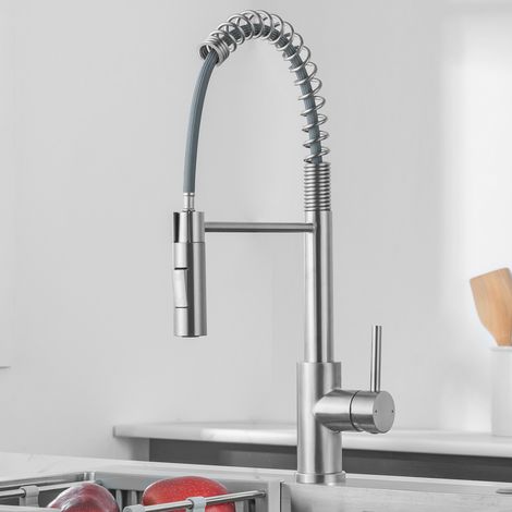 AURALUM MAX Wasserhahn Küche mit Brause ausziehbar, 360° Schwenkbar Federflex Küchenarmatur, Einhebel Spültischarmatur, Hochdruck Edelstahl Armatur Küche