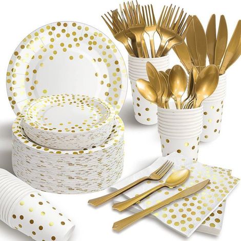 175 pièces, vaisselle jetable fête à pois dorés et blancs, service complet anniversaire mariage Noël pour 25 personnes
