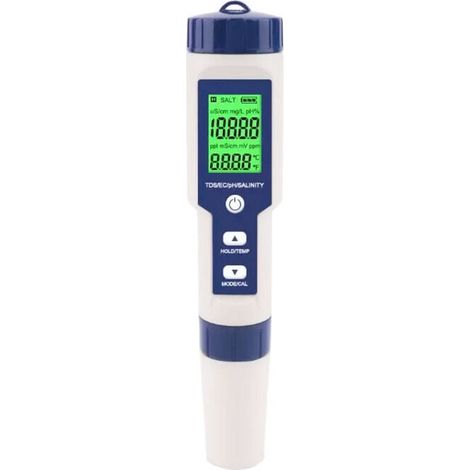 Medidor de salinidad para piscinas, medidor digital de salinidad para agua de mar 5 en 1, kit de prueba impermeable IP67 (1/4)