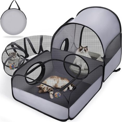 Enclos pliable pour chat - 100×70×50 cm - Tunnel pour chat - Intérieur/Extérieur - Portable - Convient pour les activités de plein air, le camping et les voyages - Idéal pour les chatons - Gris (1/5)