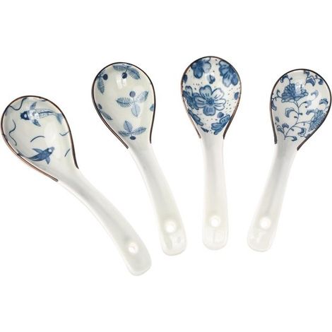 Set di 4 cucchiai da zuppa asiatici NTHProducts, mestoli in ceramica per ramen e pho, con manici lunghi per cucinare e servire. (1/5)