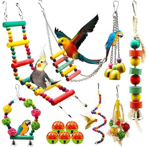 Lot de 12 Jouets pour Oiseaux à Marcher, Balançoire, Échelle, Bois Perchoirs, Sepak Takraw, Cloches, Décoration des Cages à Oiseaux de Petite et Moyenne Taille, Perruche et Perroquet (1/5)