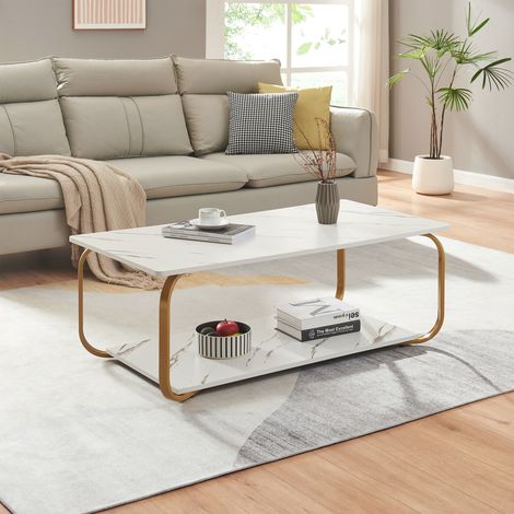 Mesa de centro Kolta acero 120x60x43 cm - Efecto mármol blanco/Dorado [en.casa]