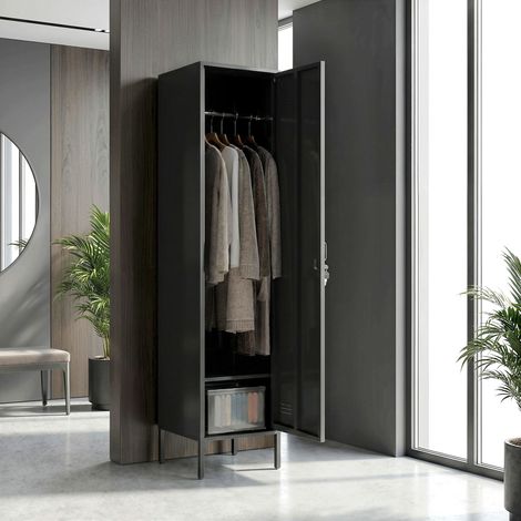 Casier métallique avec porte verrouillable et tringle à vêtements. Casier individuel en acier pour la maison ou le bureau. Noir.