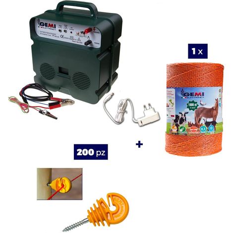 Kit completo Para Pastor Eléctrico : 1x Electrificador 12V / 220 V + 1x hilo canductores 1000 mt 4 mm² + 200 Aisladores para postes de Medera - Cerca Eléctrica Valla Eléctrica para animales jabalívaca