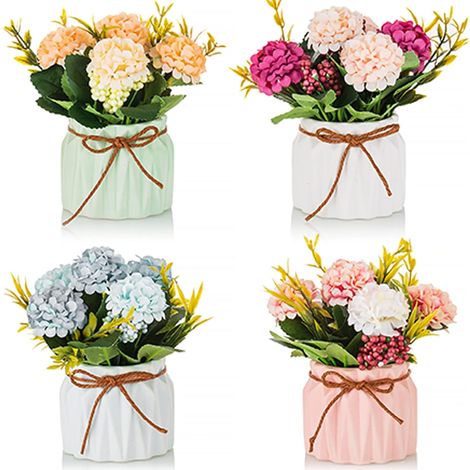 Petites Fleur Artificielle avec Vase 4 Pièces Fleurs Artificielles pour Table Salon Deco Fausse Flowers Hortensia Bouquet pour Décoration Chemin