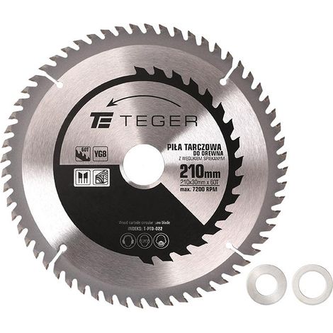 Lama per sega da legno Teger 210x30mm 60T ATB con punte in carburo - per seghe a mano, troncatrici e da banco, spessore lama 1,4 mm, robusta e durevole, ideale per tagli dritti e trasversali su legno, (1/3)