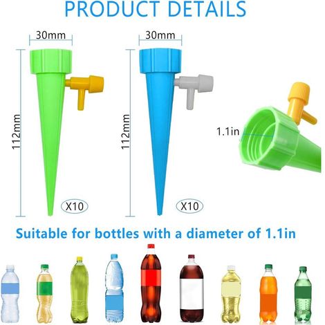 Lot de 20 bouteilles d'irrigation goutte-à-goutte automatiques réglables, 2,8 cm. Système d'arrosage pour plantes avec valve de contrôle, idéal pour plantes en pot et jardin. (1/5)