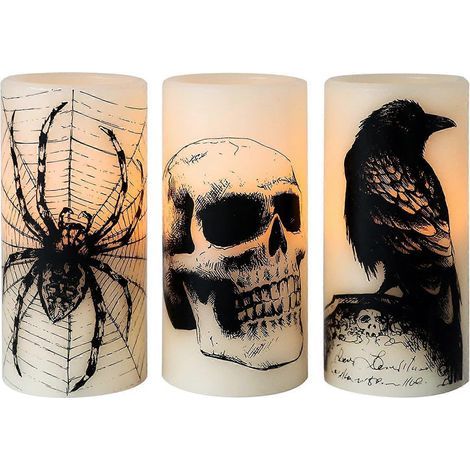 Bougies d'Halloween vacillantes avec crâne, toile d'araignée, corbeau et autocollants (lot de 3), bougies LED à piles sur le thème d'Halloween, décoration d'horreur effrayante (1/5)