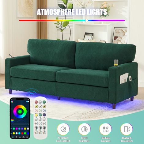Canapé 2 places moderne en chenille avec USB-C, ambiance LED, porte-gobelets et poches latérales. Structure bois/métal avec mousse confort. Idéal pour salon, chambre ou bureau, émeraude (1/5)