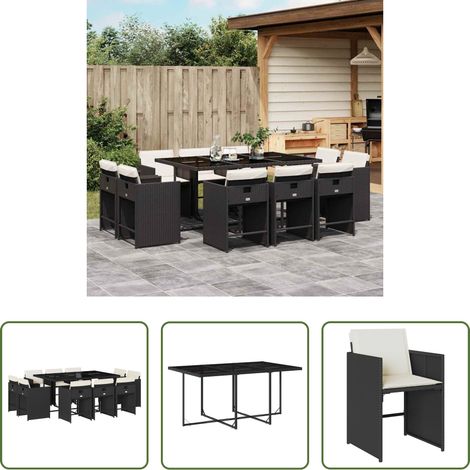 Gartentisch - 11-tlg. Garten-Essgruppe mit Kissen Schwarz Poly Rattan (1/5)