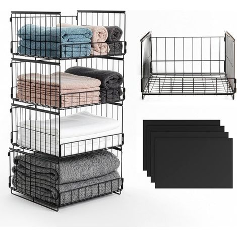 Youyijia 4er-Pack Stapelbare Kleiderschrank-Organizer, Metall-Wire Storage Körbe für Kleidung, Küche, Bad, Faltbares Aufbewahrungssystem, Schwarz (1/5)