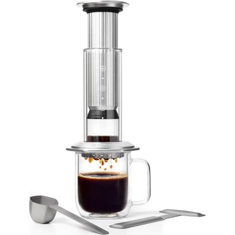 AeroPress cafetera de prensa francesa premium, de vidrio, acero inoxidable y aluminio, manual todo en uno estilo espresso y pour-over, preparación en 2 minutos, sabor intenso, Plateado