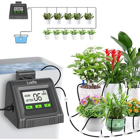Lvelfe Automatisches Bewässerungssystem, Tropfbewässerungsset Wasservolumen Einstellbar, Kann 11 Pflanzen Gießen, Urlaubsbewässerungssystem für Zimmerpflanzen, Garten, Balkon Pflanzen, Topfpflanzen (1/5)