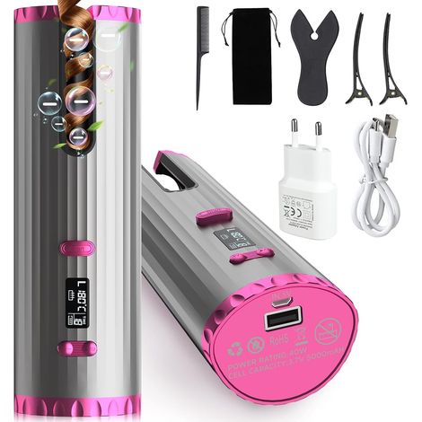 Automatic Curling Iron, Portable Hair Curler, Wireless Curling Iron, Anti-Burning Curler, 6 Timer/Temperature, USB Rechargeable, LCD Display (Grey)