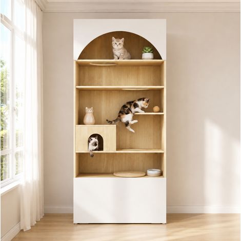 REDOM Katzenschrank 90x50x200 cm, Katzenkletterwand mit Katzenhöhle, Spanplatte, Weiß und Holzoptik (1/5)