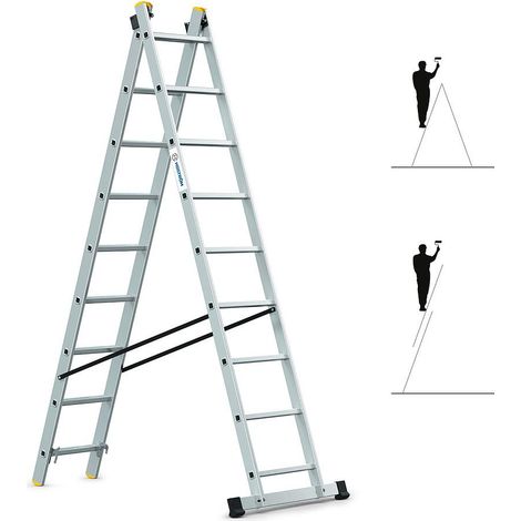 Echelle transformable 2 plans StablePro 2x9 marches aluminium extensible coulissante, 3 positions, hauteur travail max 5,02m, garantie 5 ans, Hostrom (1/4)