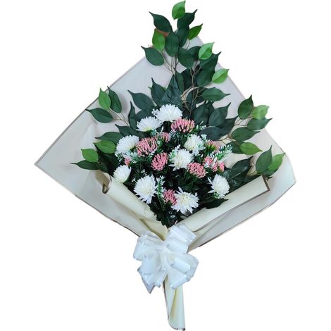 Bouquet de Fleurs artificielles pour cimetière à Mettre dans Un Pot, Un Vase ou sur Une Tombe 73 x 63 x 20 cm (Blanc et Rose) (1/5)