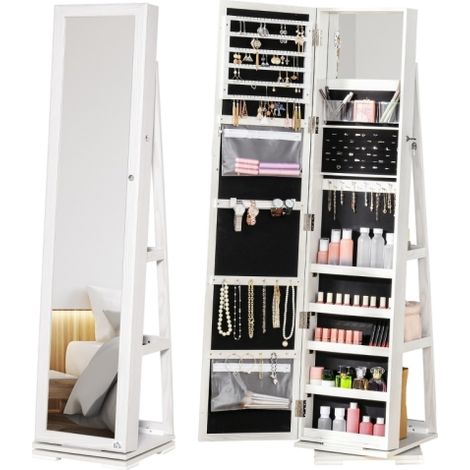360° Swivel Jewelry Cabinet with Full Length Mirror and Storage,Lockable Organizer with Makeup Mirror and Shelves for Bedroom,White Finish