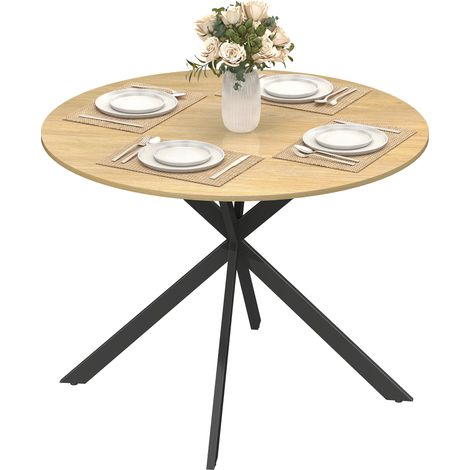 Table de salle à manger ronde pour 4 personnes, style industriel, pieds en acier, chêne (1/5)