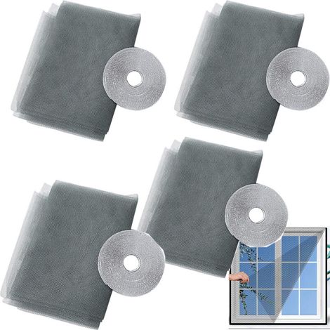 Moustiquaire de fenêtre en 4 pièces avec 4 bandes adhésives, 150x180 cm, barrière anti-insectes auto-adhésive, facile à installer, grise. (1/5)