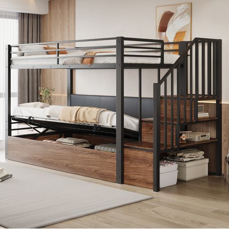 Cama alta 90 x 200 cm con escalera de almacenaje, respaldo PU, metal, negro (1/5)