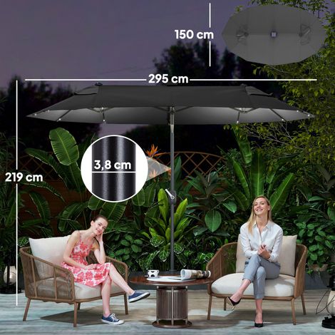 Doppelter Gartenschirm 295 x 150 x 219 cm mit Solar-LED-Beleuchtung, verstellbarem Schirmdach und Handkurbel, Grau