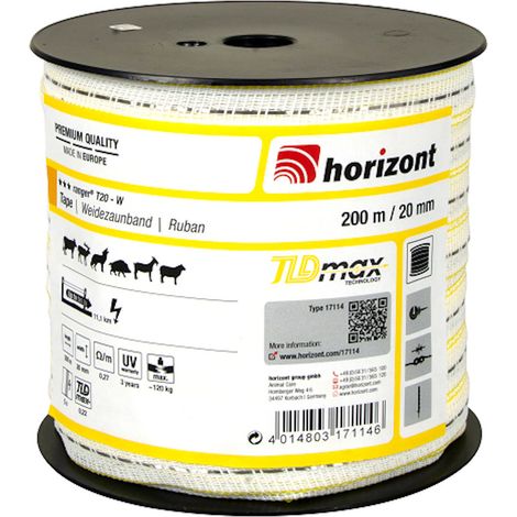 Horizont – Ruban électrique 200 m – Largeur 20 mm – Conducteur 0,22 mm – Résistance 0,27 Ohm/m – Charge de rupture 120 kg – Garantie UV 3 ans