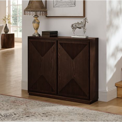 Buffet de rangement en MDF avec design en V nervuré, finition noyer foncé, meuble étroit pour salon, cuisine et entrée (1/5)