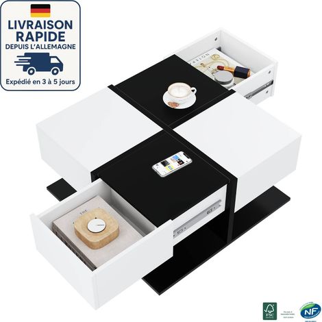 MODFU - Mesa de centro cuadrada con espacio de almacenamiento, 2 cajones, mesa auxiliar para sofá, salón/dormitorio, 70×70×35,5 cm, blanco y negro (1/5)