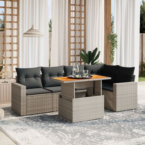 Salon de Jardin Gris 6 Pièces - Canapés en Résine Tressée avec Coussins Détachables, Table Acacia Réglable (100x55cm) - Ensemble Modulaire Terrasse (1/3)